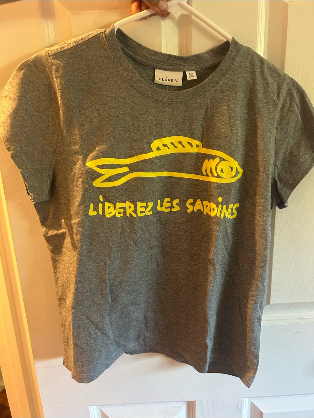 Clare V Gray Tee with Yellow Sardine Graphic and Text SIZE SMALL NWT